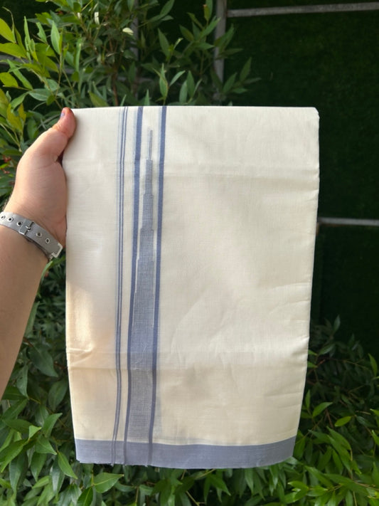 20% Discount! KaithariKada Balaramapuram 100% Cotton Double off white (Unbleached) Mundu/Dhoti - 100X80 - 1.25 inch Ash Blue Striped chutty Kara 4 mtr (8.5 Muzham) - 58 KK5283 PMC