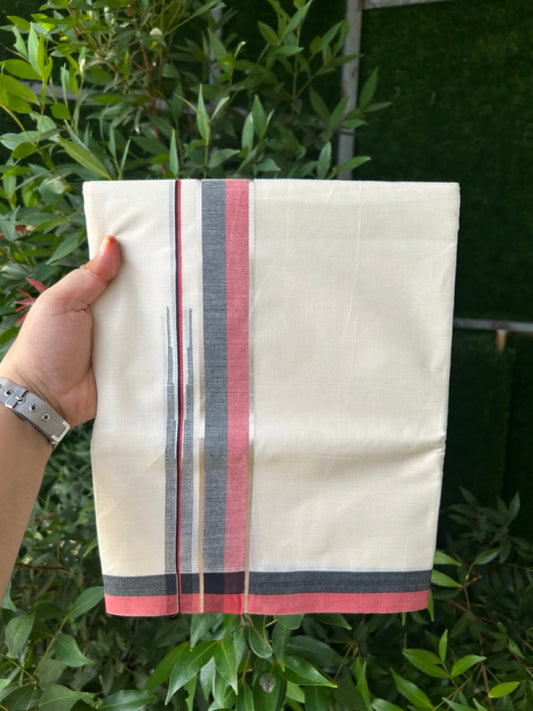 20% Discount ! Kaitharikada Balaramapuram 100% Pure Cotton Double Off white (Unbleached) Mundu/Dhoti - 100x80 - 1.5 inch Silver Kasav Black & Maroon Shaded Stripes Chutty Kara 4 mtr (8.5 muzham) - 31 KK5283 PMC