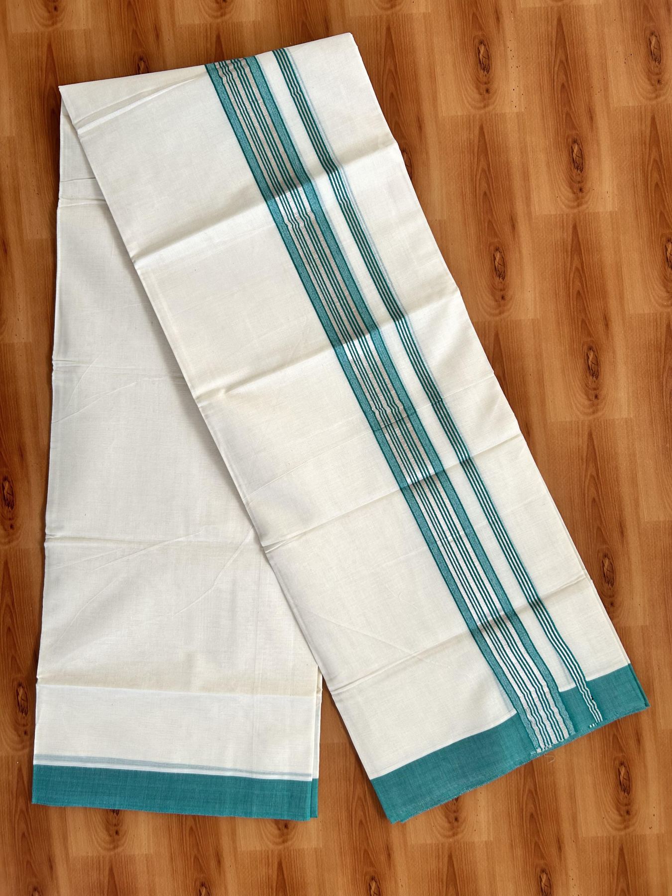 Double Off White  Mundu/Dhoti- 20% Discount! KaithariKada Balaramapuram Pure Cotton - 80s - 1.5 inch Silver Kasav & Light Green Striped Kara - 4mtr (8.5muzham) - 12 KK5417 VAS