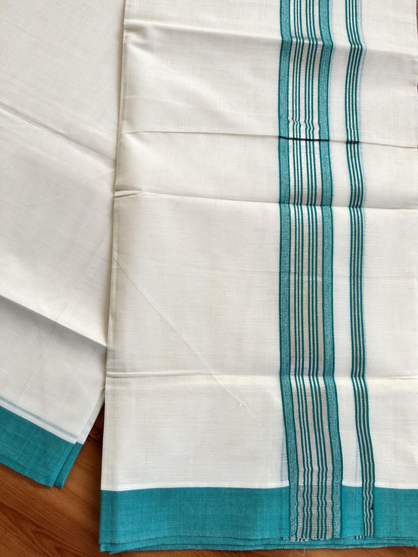 Double Off White  Mundu/Dhoti- 20% Discount! KaithariKada Balaramapuram Pure Cotton - 80s - 1.5 inch Silver Kasav & Light Green Striped Kara - 4mtr (8.5muzham) - 12 KK5417 VAS