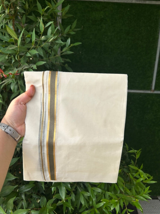20% Discount ! Kaitharikada Balaramapuram 100% Pure Cotton Double Off white (Unbleached) Mundu/Dhoti - 100x80 - 0.75 inch Gold Kasav & Dark Olive Green Shaded Chutty Kara - 22 KK5283 PMC
