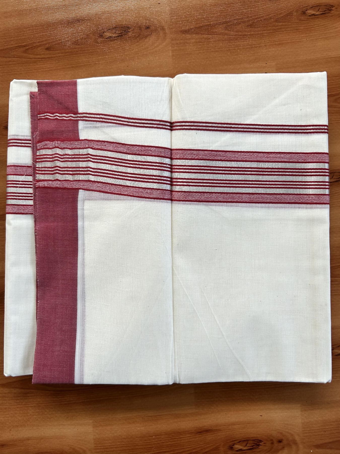 Double Off White  Mundu/Dhoti- 20% Discount! KaithariKada Balaramapuram Pure Cotton - 80s - 1.5 inch Silver Kasav & Red Striped Kara - 4mtr (8.5muzham) - 10 KK5417 VAS