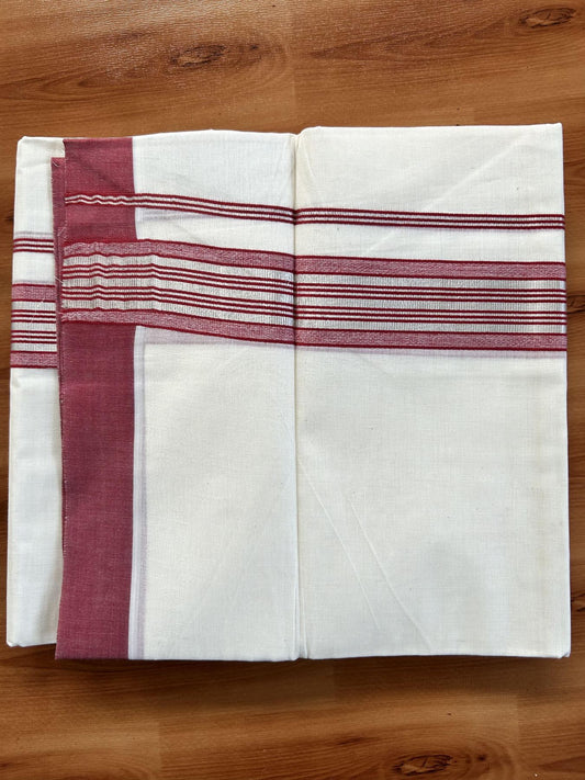 Double Off White  Mundu/Dhoti- 20% Discount! KaithariKada Balaramapuram Pure Cotton - 80s - 1.5 inch Silver Kasav & Red Striped Kara - 4mtr (8.5muzham) - 10 KK5417 VAS