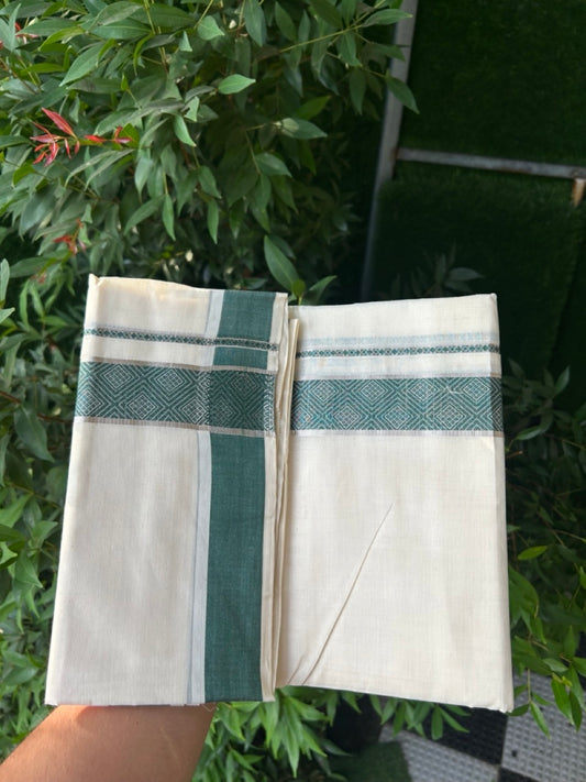 20% DISCOUNT ! KaithariKada Balaramapuram 100%  Cotton Double off white  (Unbleached) Mundu/Dhoti - 100X80 - 1.5 inch Silver kasavu & Green jacquard design kara - 4 mtr (8.5 Muzham) - 27 KK5283 PMC