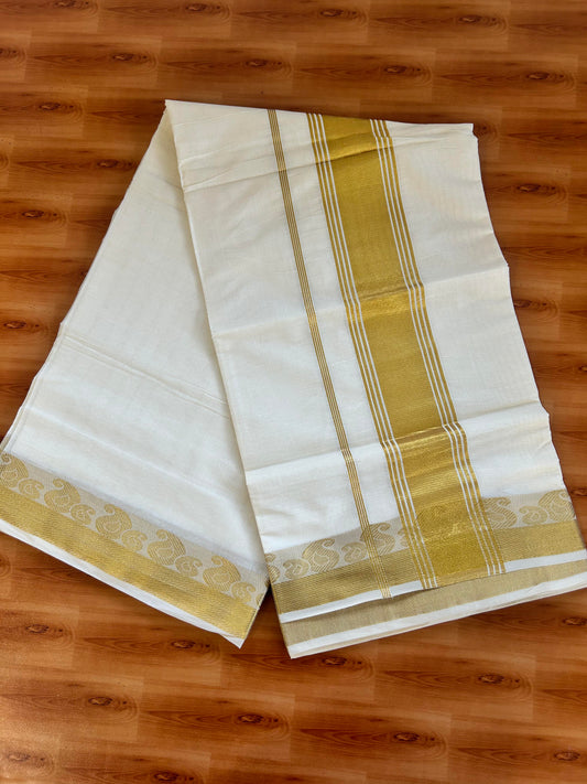 25% Discount! Kaitharikada Kerala Traditional Saree Off white- Mixed Cotton Kasav Saree - 3.75 Inch Pallu - Gold Kasav Striped Kara - 73 KK7000 PMC