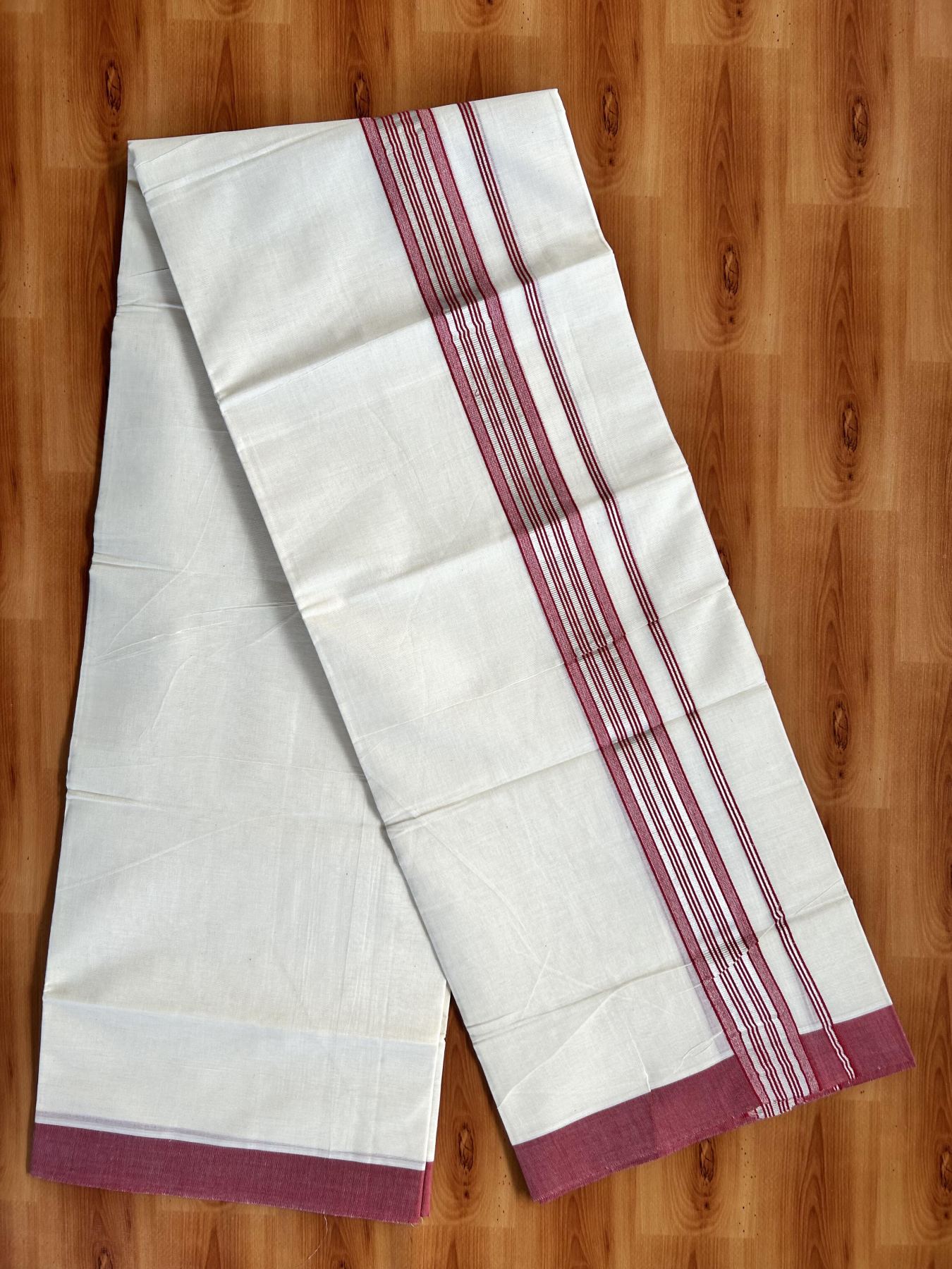 Double Off White  Mundu/Dhoti- 20% Discount! KaithariKada Balaramapuram Pure Cotton - 80s - 1.5 inch Silver Kasav & Red Striped Kara - 4mtr (8.5muzham) - 10 KK5417 VAS