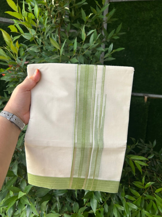 20% Discount! KaithariKada Balaramapuram 100%  Cotton Double off white (Unbleached) Mundu/Dhoti - 100X80 - 1.5 inch Silver kasavu & Light Green shaded striped chutty - 4 mtr (8.5 Muzham) - 41 KK5283 PMC