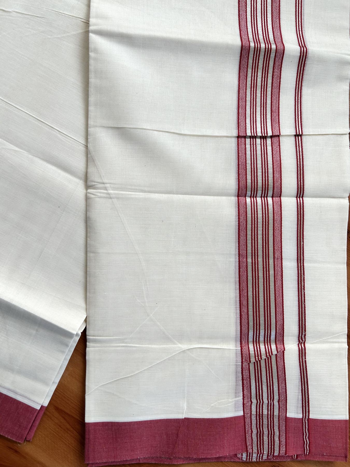 Double Off White  Mundu/Dhoti- 20% Discount! KaithariKada Balaramapuram Pure Cotton - 80s - 1.5 inch Silver Kasav & Red Striped Kara - 4mtr (8.5muzham) - 10 KK5417 VAS