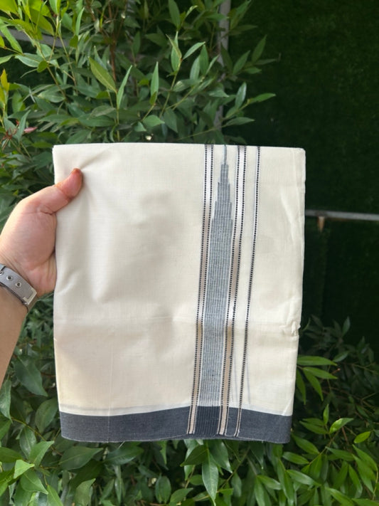 20% Discount! KaithariKada Balaramapuram 100%  Cotton Double off white (Unbleached) Mundu/Dhoti - 100X80 - 1.5 inch Silver kasavu & Black striped chutty - 4 mtr (8.5 Muzham) - 43 KK5283 PMC