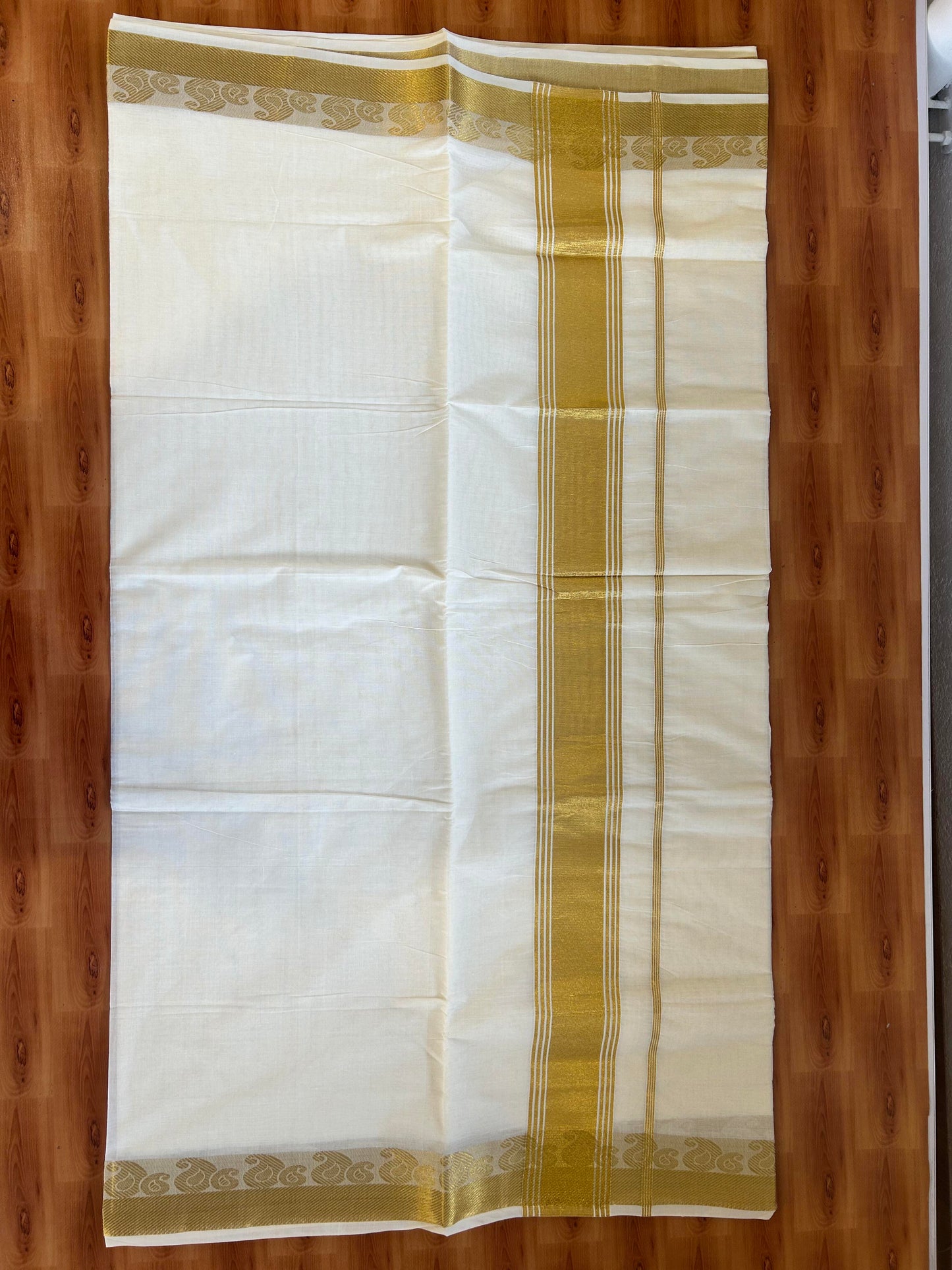 25% Discount! Kaitharikada Kerala Traditional Saree Off white- Mixed Cotton Kasav Saree - 3.75 Inch Pallu - Gold Kasav Striped Kara - 73 KK7000 PMC