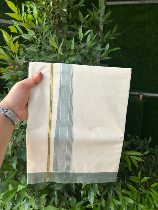 20% Discount ! Kaitharikada Balaramapuram 100% Pure Cotton Double Off white (Unbleached) Mundu/Dhoti - 100x80 - 1.75 inch Gold Kasav Dark Sage Green Stripes Chutty Kara - 13 KK5283 PMC