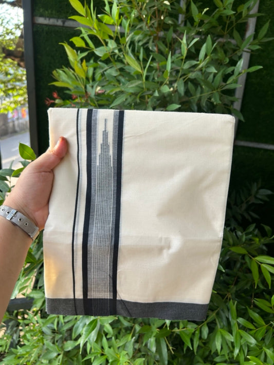 20% Discount! KaithariKada Balaramapuram 100% Cotton Double off white (Unbleached) Mundu/Dhoti - 100X80 - 2 inch Black Striped chutty Kara 4 mtr (8.5 Muzham) - 60 KK5283 PMC