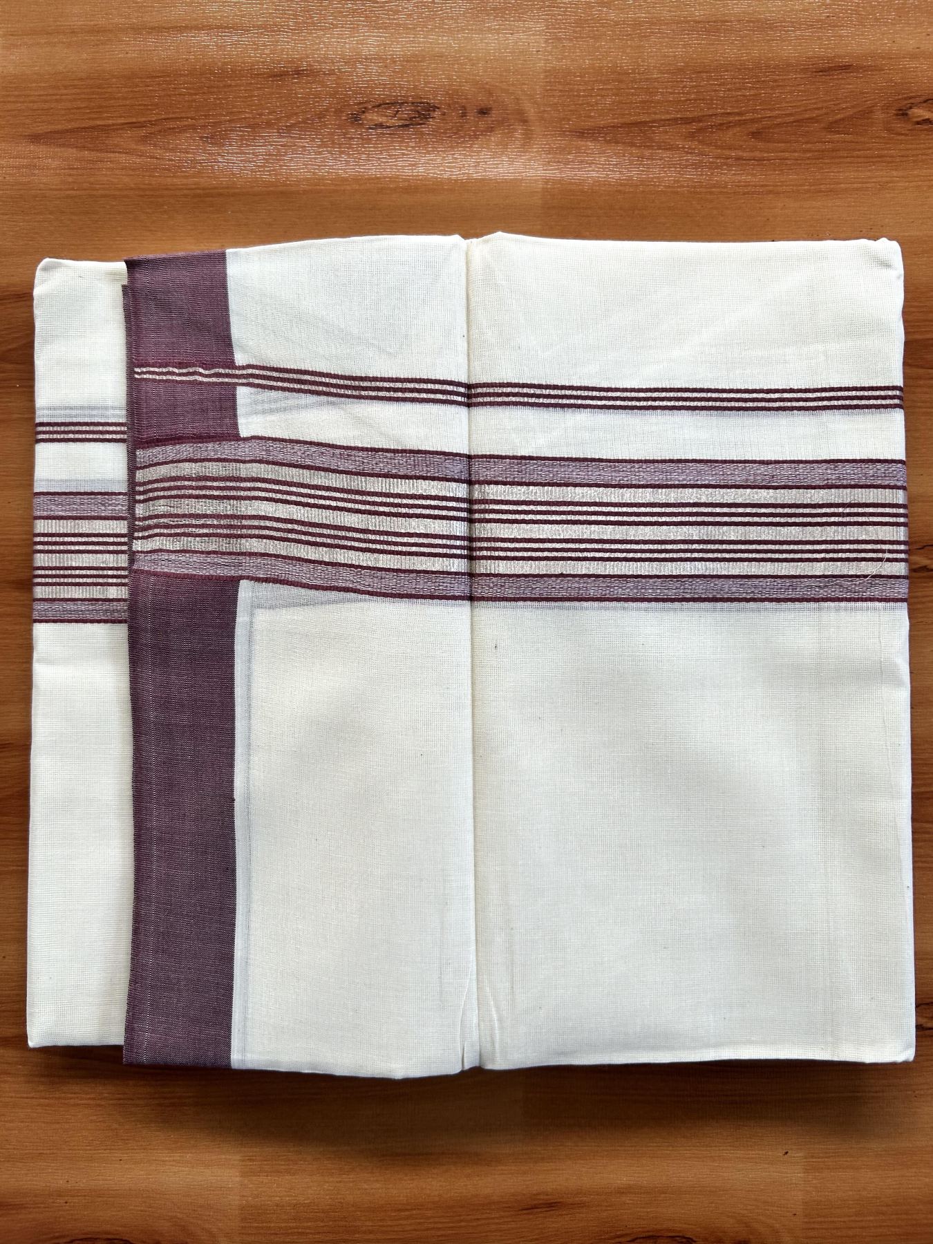Double Off White  Mundu/Dhoti- 20% Discount! KaithariKada Balaramapuram Pure Cotton - 80s - 1.5 inch Silver Kasav & Wine Maroon Striped Kara - 4mtr (8.5muzham) - 6 KK5417 VAS