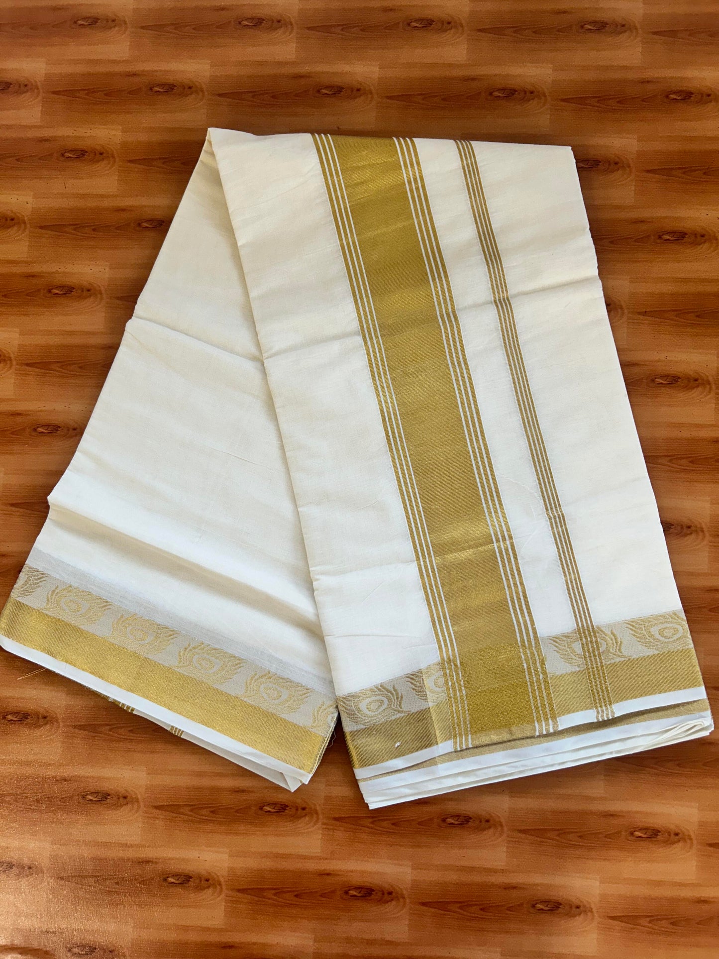 25% Discount! Kaitharikada Kerala Traditional Saree Off white- Mixed Cotton Kasav Saree - 3.75 Inch Pallu - Gold Kasav Striped Kara - 74 KK7000 PMC