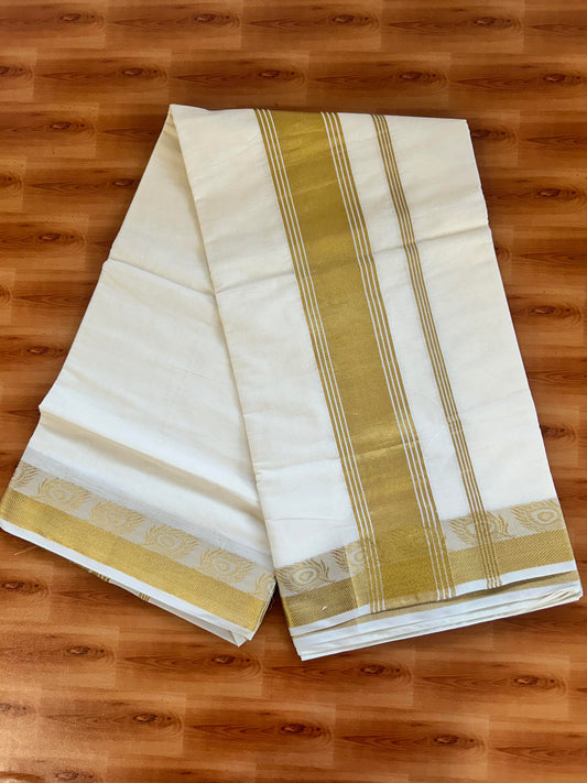25% Discount! Kaitharikada Kerala Traditional Saree Off white- Mixed Cotton Kasav Saree - 3.75 Inch Pallu - Gold Kasav Striped Kara - 74 KK7000 PMC