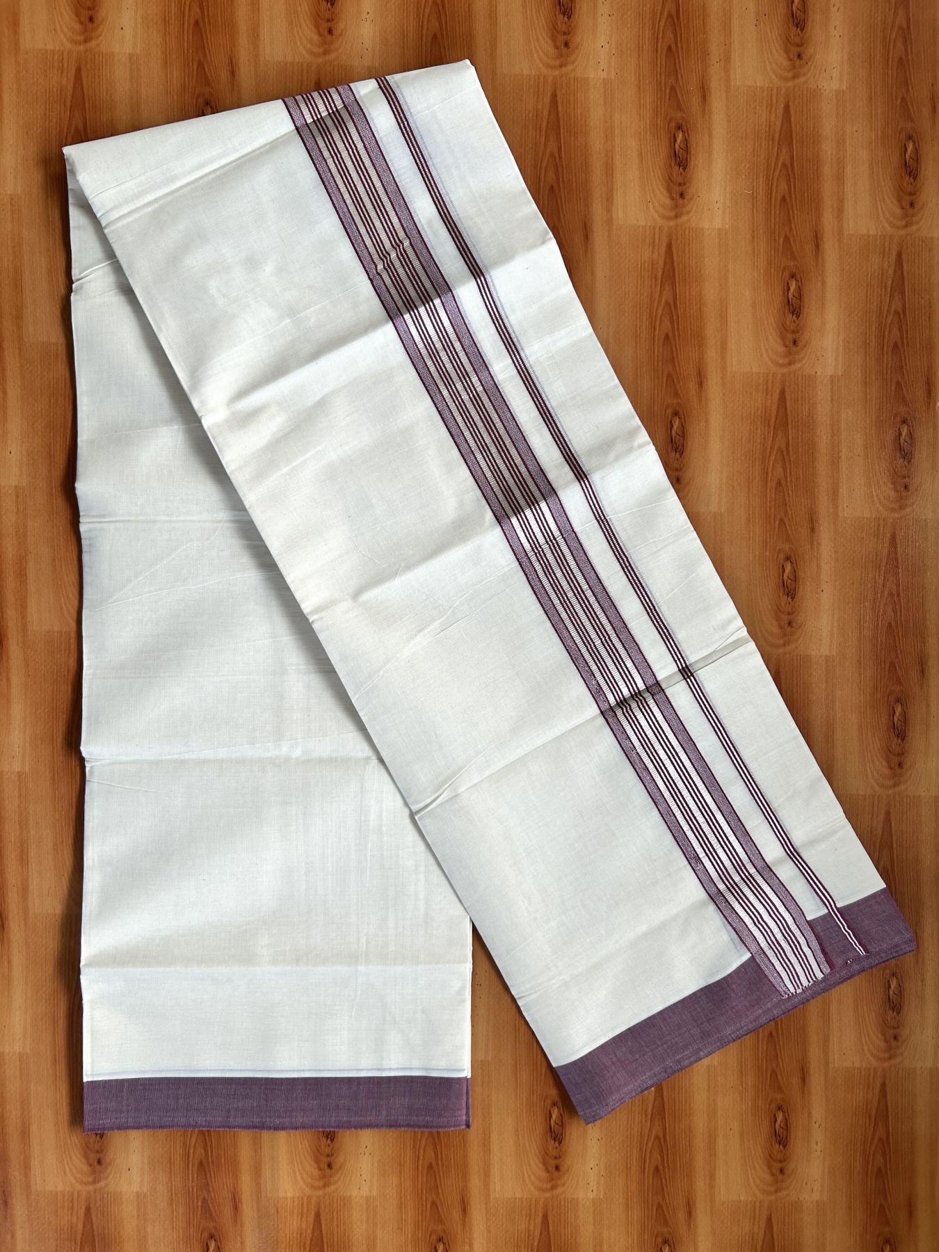 Double Off White  Mundu/Dhoti- 20% Discount! KaithariKada Balaramapuram Pure Cotton - 80s - 1.5 inch Silver Kasav & Wine Maroon Striped Kara - 4mtr (8.5muzham) - 6 KK5417 VAS