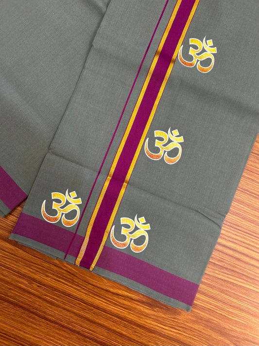 34% Discount ! Kaitharikada Pure Cotton - Single Kaily / Lungi -(40s)- 1 inch Violet & Gold Kasav Striped Ohm Printed Design kara with Green colour body  (2 meter / 4 muzham) - 55 KK8028 GAN