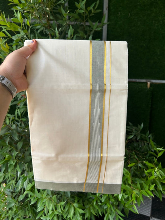 20% Discount ! Kaitharikada Balaramapuram 100% Pure Cotton Double Off white (Unbleached) Mundu/Dhoti - 100x80 - 1.75 inch Gold Kasav Light Olive Green Shaded Stripes Chutty Kara - 14 KK5283 PMC