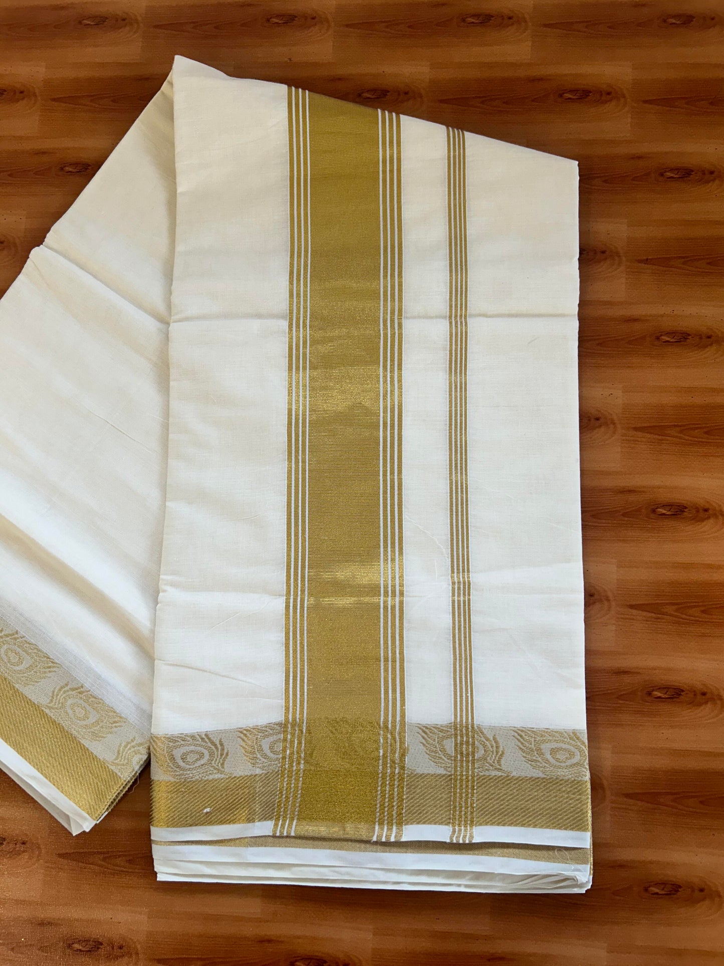 25% Discount! Kaitharikada Kerala Traditional Saree Off white- Mixed Cotton Kasav Saree - 3.75 Inch Pallu - Gold Kasav Striped Kara - 74 KK7000 PMC