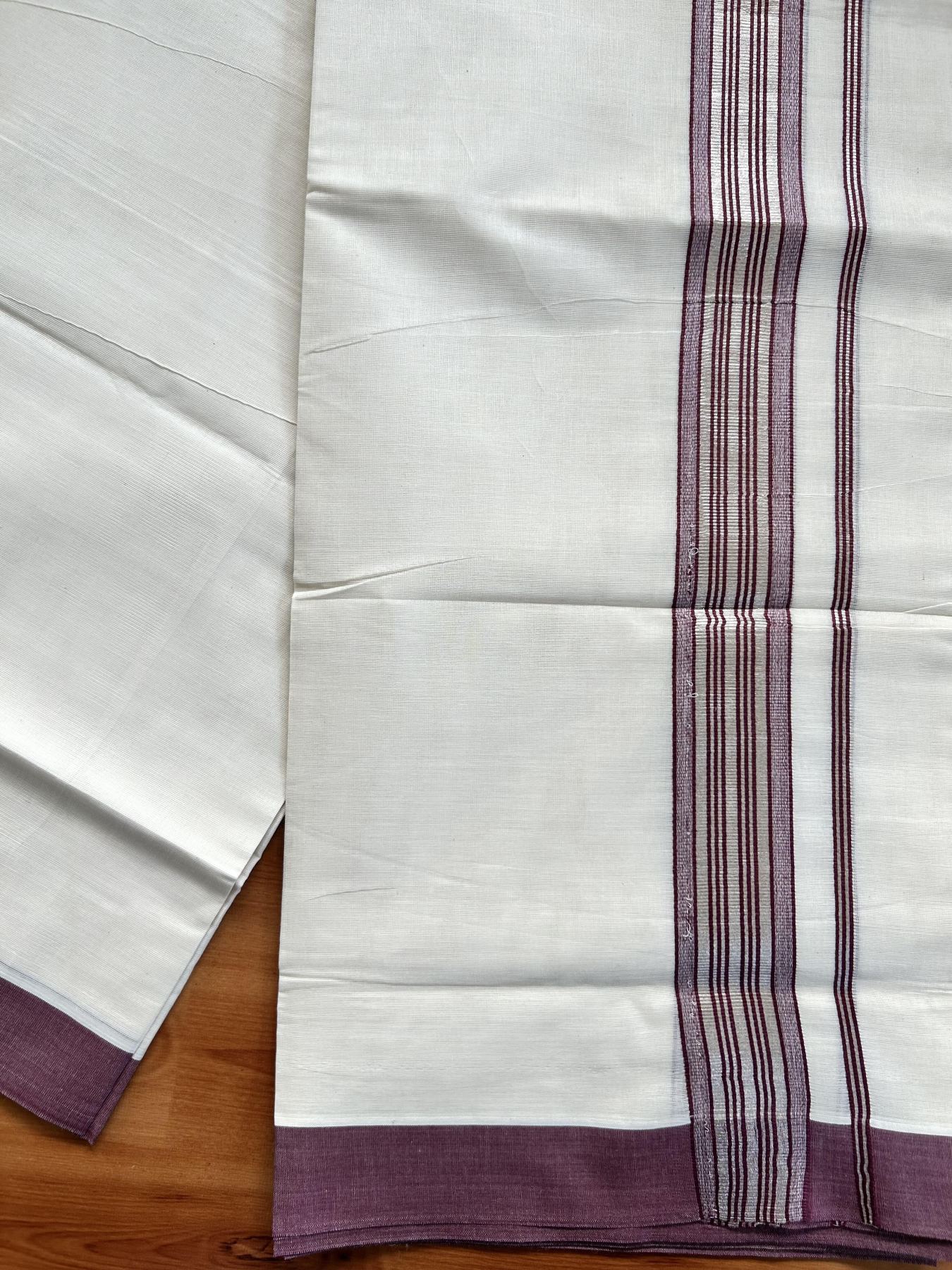 Double Off White  Mundu/Dhoti- 20% Discount! KaithariKada Balaramapuram Pure Cotton - 80s - 1.5 inch Silver Kasav & Wine Maroon Striped Kara - 4mtr (8.5muzham) - 6 KK5417 VAS
