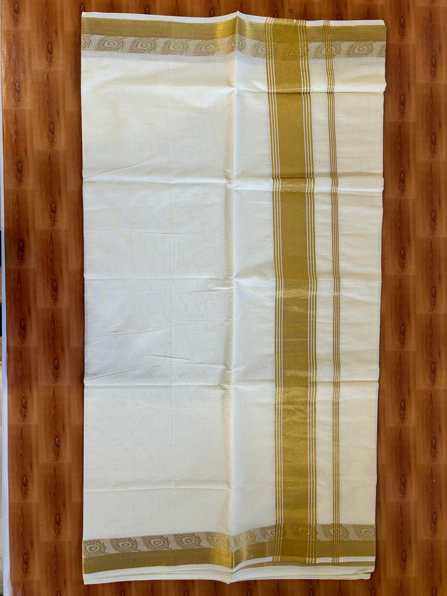 25% Discount! Kaitharikada Kerala Traditional Saree Off white- Mixed Cotton Kasav Saree - 3.75 Inch Pallu - Gold Kasav Striped Kara - 74 KK7000 PMC