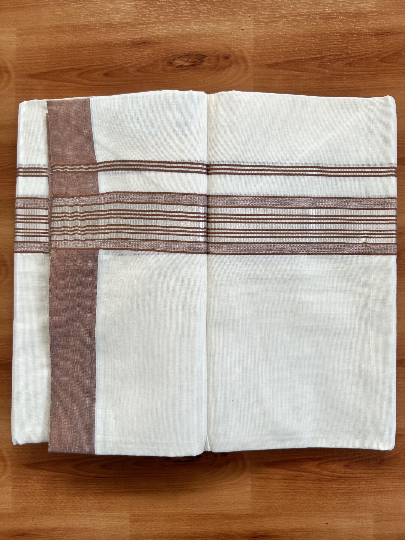 Double Off White  Mundu/Dhoti- 20% Discount! KaithariKada Balaramapuram Pure Cotton - 80s - 1.5 inch Silver Kasav & Light Brown Striped Kara - 4mtr (8.5muzham) - 8 KK5417 VAS