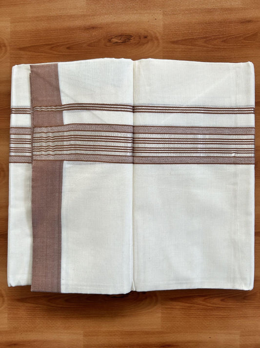 Double Off White  Mundu/Dhoti- 20% Discount! KaithariKada Balaramapuram Pure Cotton - 80s - 1.5 inch Silver Kasav & Light Brown Striped Kara - 4mtr (8.5muzham) - 8 KK5417 VAS