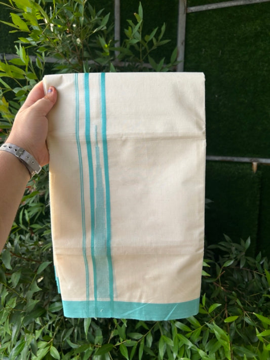 20% Discount! KaithariKada Balaramapuram 100% Cotton Double off white (Unbleached) Mundu/Dhoti - 100X80 - 1.25 inch Turqouise Green Striped chutty Kara 4 mtr (8.5 Muzham) - 59 KK5283 PMC