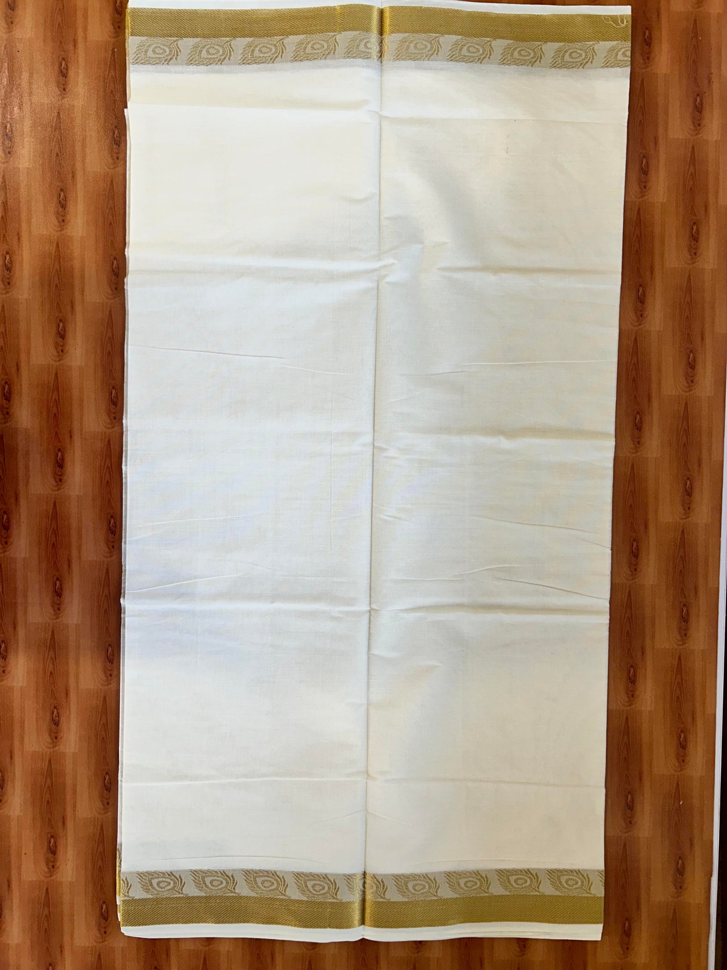25% Discount! Kaitharikada Kerala Traditional Saree Off white- Mixed Cotton Kasav Saree - 3.75 Inch Pallu - Gold Kasav Striped Kara - 74 KK7000 PMC