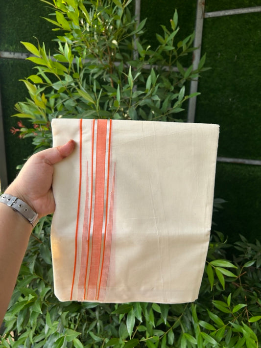 20% Discount! KaithariKada Balaramapuram 100%  Cotton Double off white (Unbleached) Mundu/Dhoti - 100X80 - 1.75 inch Silver kasav & Orange Striped chutty Kara 4 mtr (8.5 Muzham) - 48 KK5283 PMC