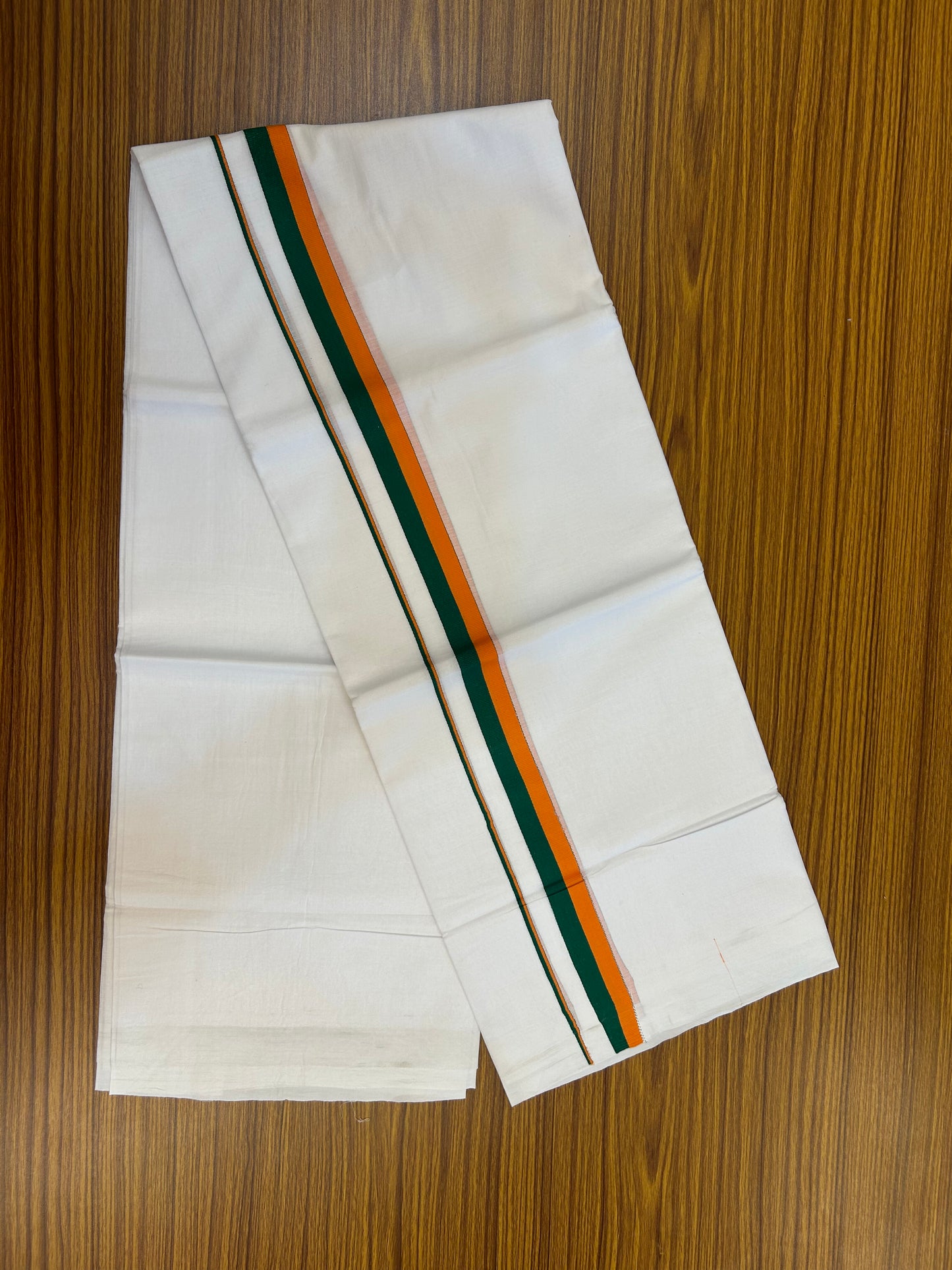 BJP Veshti - 20% Discount ! KaithariKada 100% Cotton Pure White Double Mundu/Dhoti - 100X80 - 1 inch Orange & Green kara 3.70 mtr (8 muzham) - 2 KK5372 PMC
