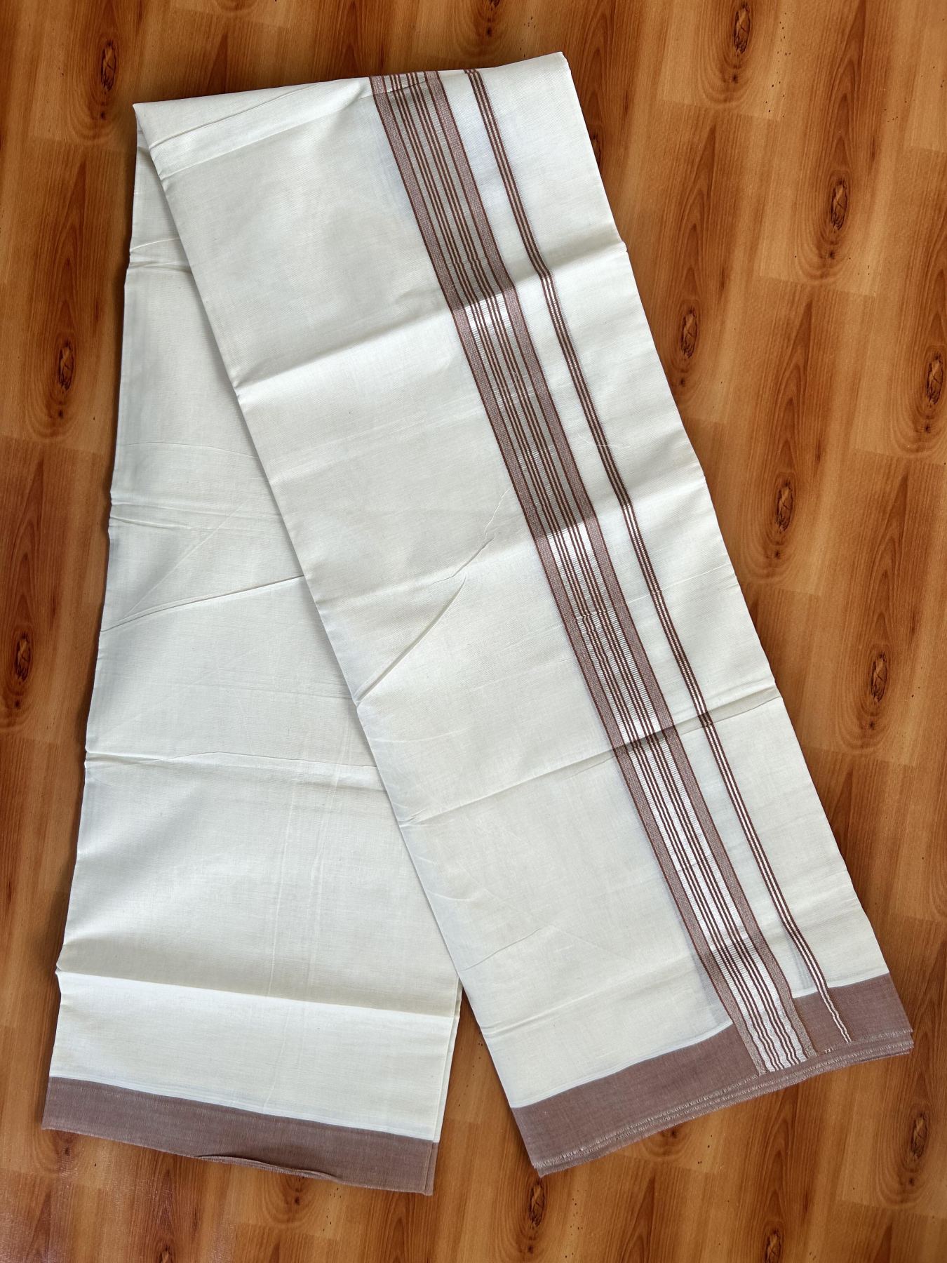 Double Off White  Mundu/Dhoti- 20% Discount! KaithariKada Balaramapuram Pure Cotton - 80s - 1.5 inch Silver Kasav & Light Brown Striped Kara - 4mtr (8.5muzham) - 8 KK5417 VAS