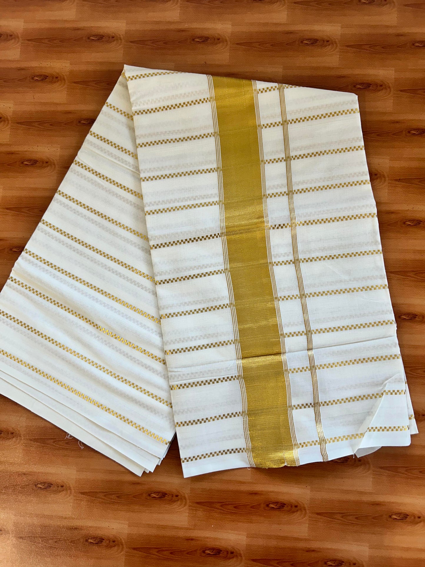25% Discount! Kaitharikada Kerala Traditional Saree Off white- Mixed Cotton Kasav Saree - 3 Inch Pallu - Gold Kasav Striped Kara & Striped Body - 75 KK7000 PMC