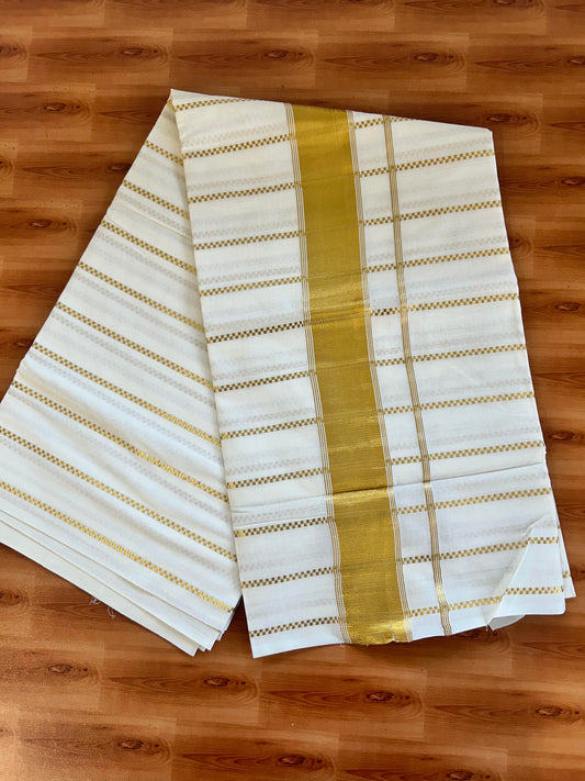 25% Discount! Kaitharikada Kerala Traditional Saree Off white- Mixed Cotton Kasav Saree - 3 Inch Pallu - Gold Kasav Striped Kara & Striped Body - 75 KK7000 PMC