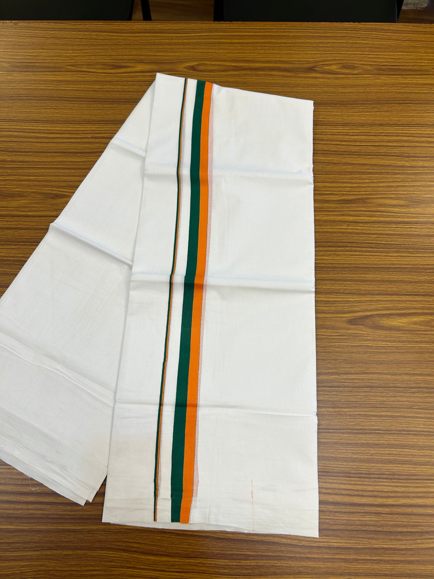 BJP Veshti - 20% Discount ! KaithariKada 100% Cotton Pure White Double Mundu/Dhoti - 100X80 - 1 inch Orange & Green kara 3.70 mtr (8 muzham) - 2 KK5372 PMC
