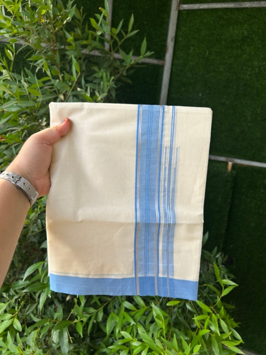 20% Discount! KaithariKada Balaramapuram 100%  Cotton Double off white (Unbleached) Mundu/Dhoti - 100X80 - 1.5 inch Silver kasavu & Sky blue shaded striped chutty - 4 mtr (8.5 Muzham) - 37 KK5283 PMC