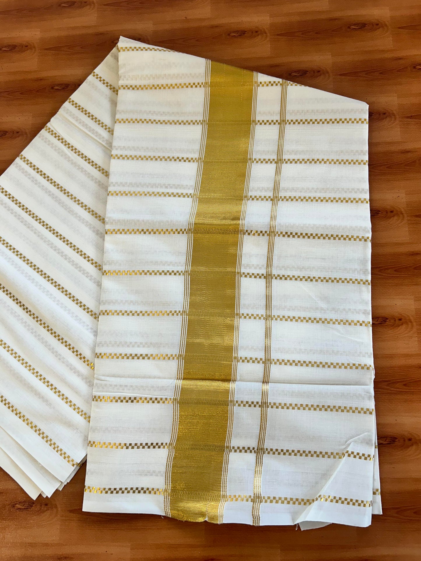 25% Discount! Kaitharikada Kerala Traditional Saree Off white- Mixed Cotton Kasav Saree - 3 Inch Pallu - Gold Kasav Striped Kara & Striped Body - 75 KK7000 PMC