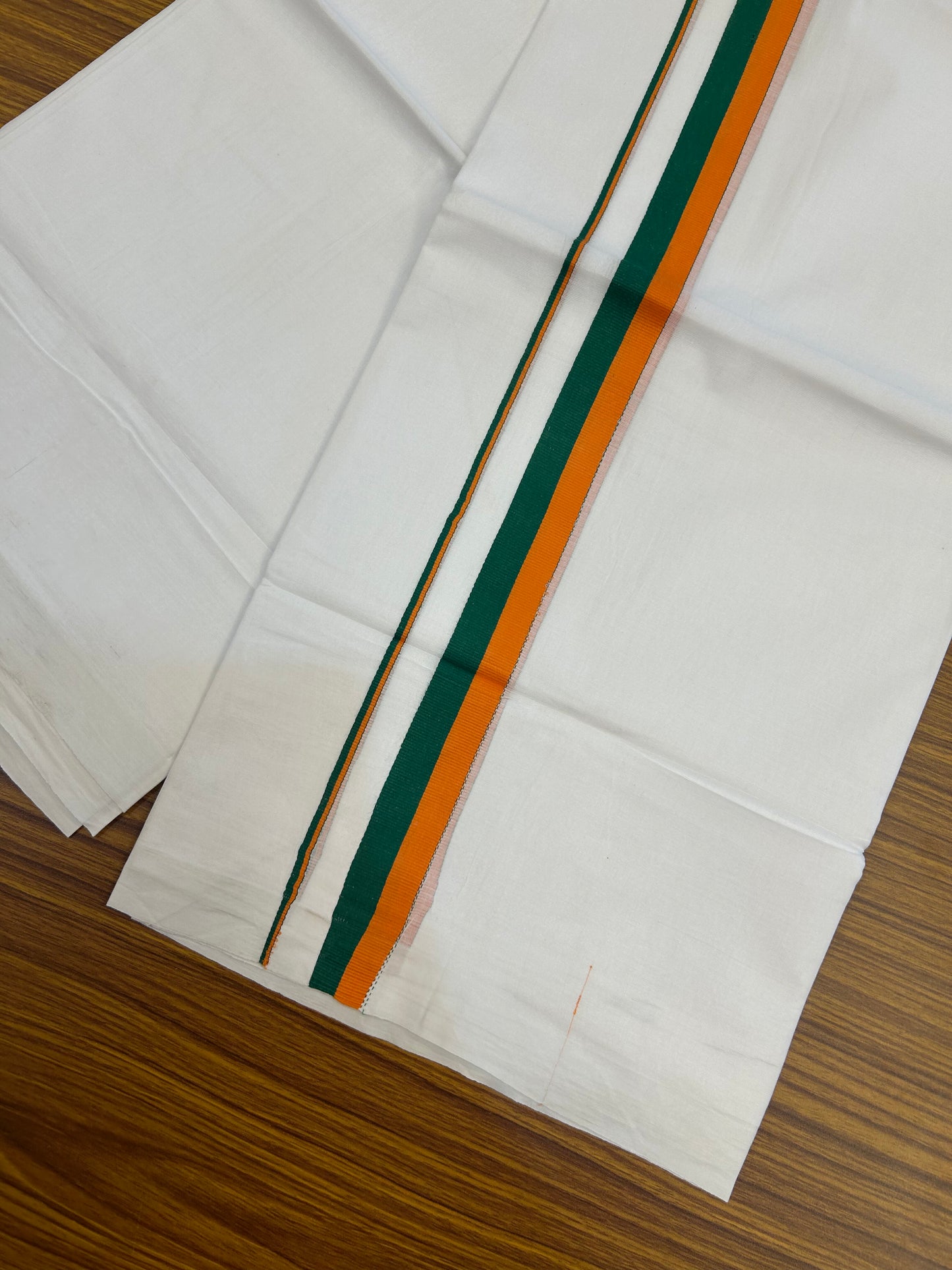 BJP Veshti - 20% Discount ! KaithariKada 100% Cotton Pure White Double Mundu/Dhoti - 100X80 - 1 inch Orange & Green kara 3.70 mtr (8 muzham) - 2 KK5372 PMC