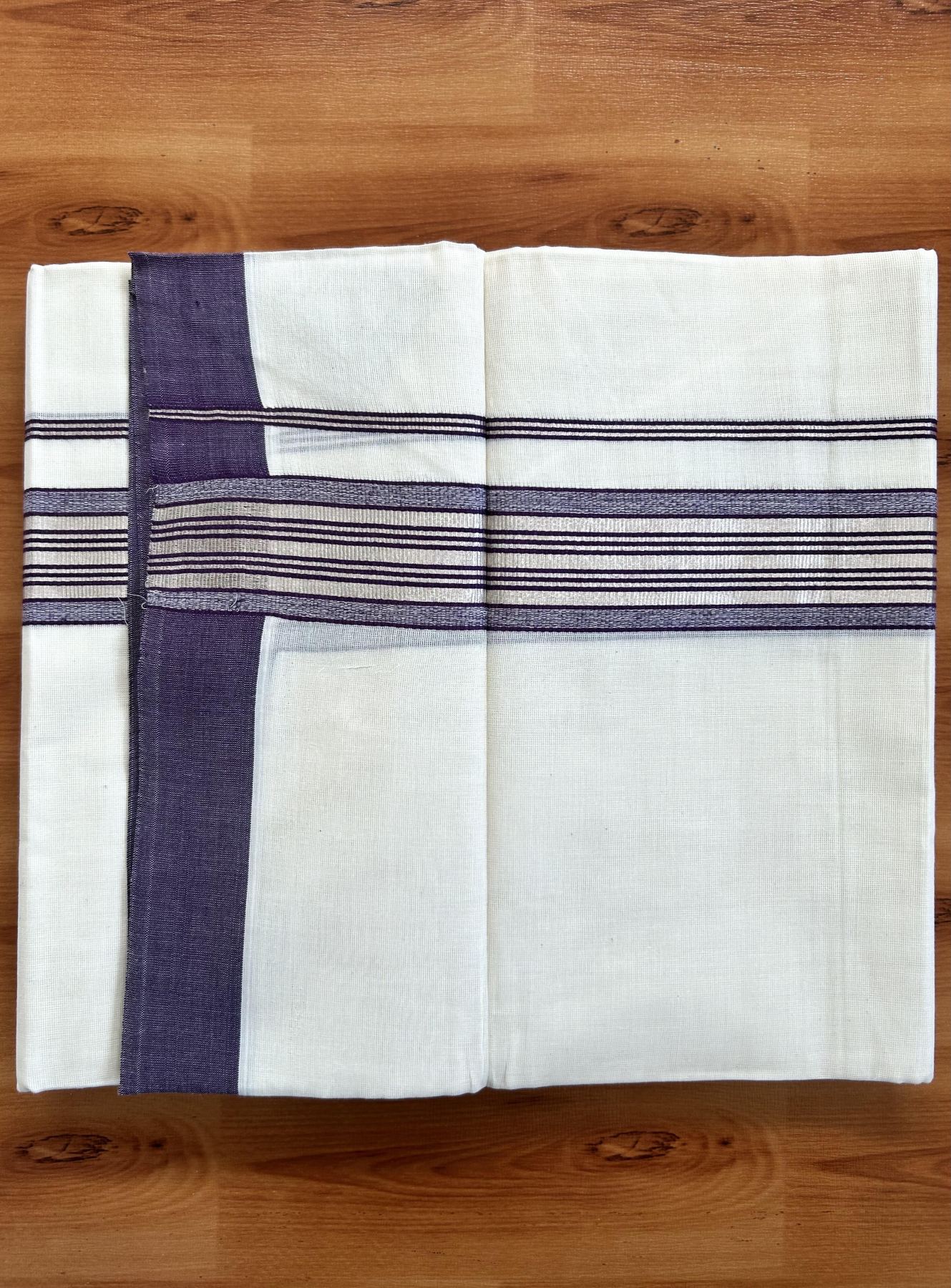 Double Off White  Mundu/Dhoti- 20% Discount! KaithariKada Balaramapuram Pure Cotton - 80s - 1.5 inch Silver Kasav & Dark Violet Striped Kara - 4mtr (8.5muzham) - 9 KK5417 VAS