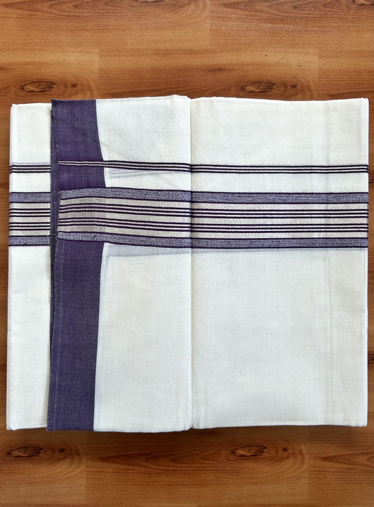 Double Off White  Mundu/Dhoti- 20% Discount! KaithariKada Balaramapuram Pure Cotton - 80s - 1.5 inch Silver Kasav & Dark Violet Striped Kara - 4mtr (8.5muzham) - 9 KK5417 VAS