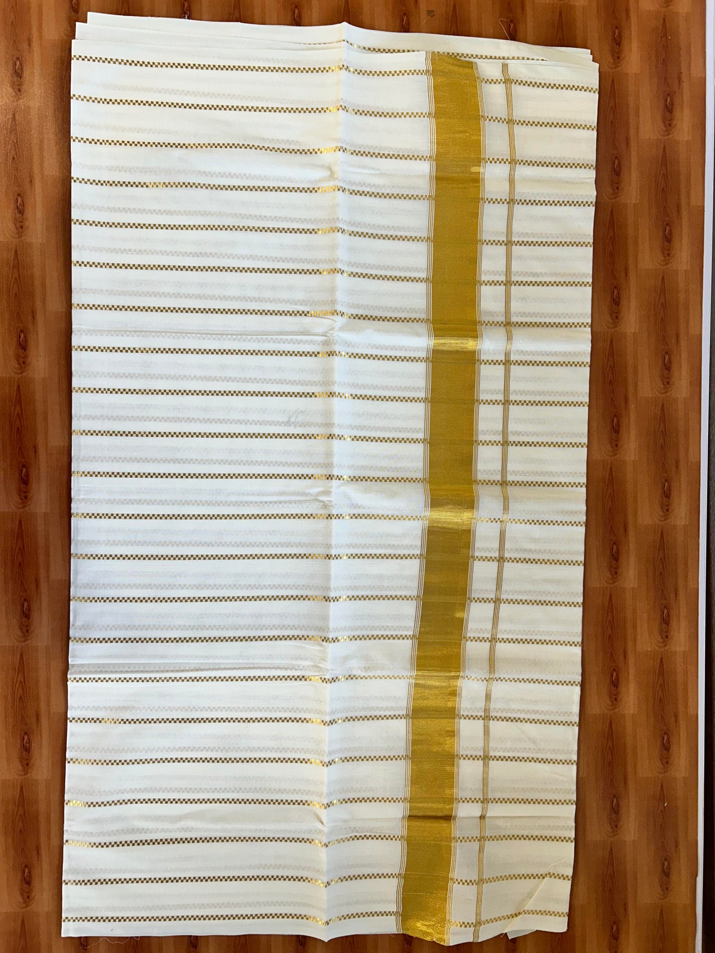 25% Discount! Kaitharikada Kerala Traditional Saree Off white- Mixed Cotton Kasav Saree - 3 Inch Pallu - Gold Kasav Striped Kara & Striped Body - 75 KK7000 PMC