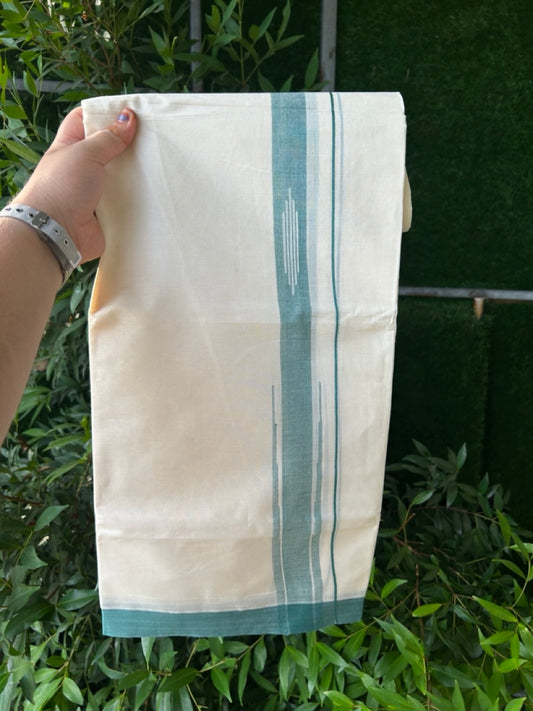 20% Discount! KaithariKada Balaramapuram 100% Cotton Double off white (Unbleached) Mundu/Dhoti - 100X80 - 1.75 inch Green Shaded Striped chutty Kara 4 mtr (8.5 Muzham) - 55 KK5283 PMC