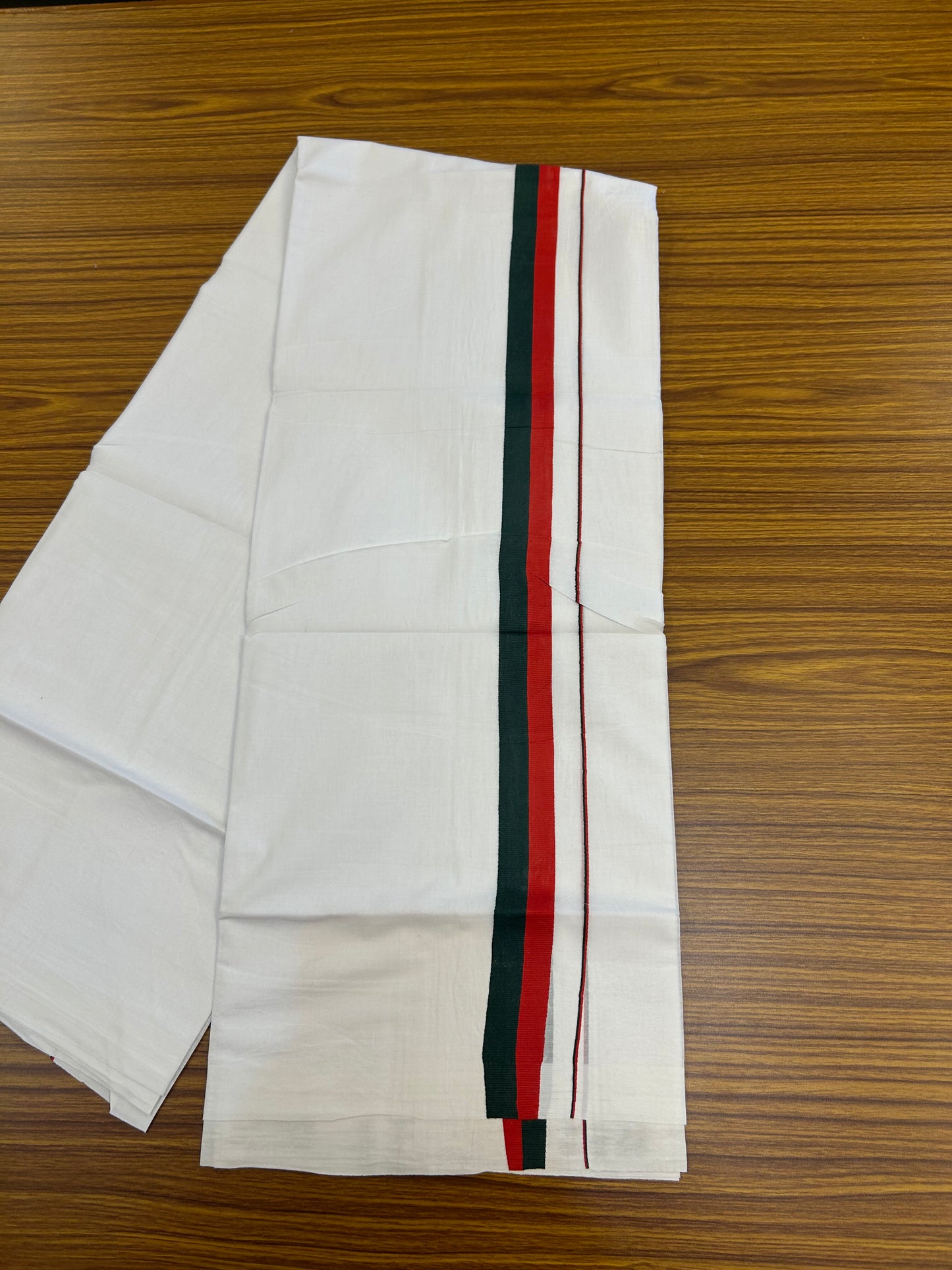 Sdpi Veshti - 20% Discount ! KaithariKada 100% Cotton Pure White Double Mundu/Dhoti - 100X80 - 1 inch Maroon & Green kara 3.70 mtr (8 muzham) - 5 KK5372 PMC