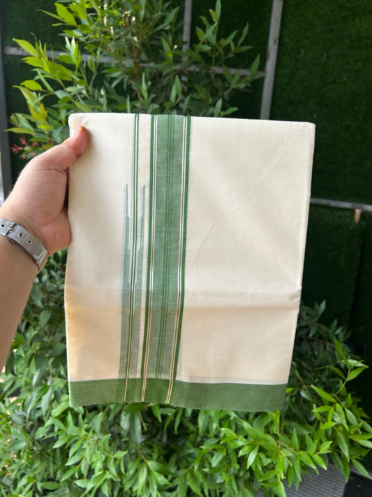 20% Discount! KaithariKada Balaramapuram 100% Cotton Double off white (Unbleached) Mundu/Dhoti - 100X80 - 1.5 inch Silver kasavu & Green shaded striped chutty - 4 mtr (8.5 Muzham) - 40 KK5283 PMC