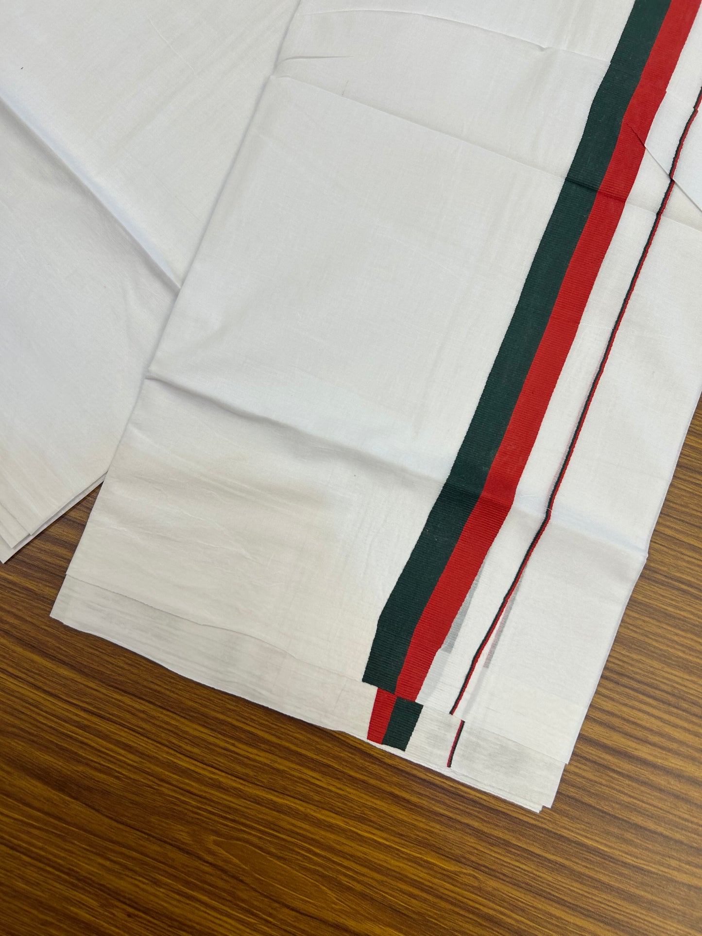 Sdpi Veshti - 20% Discount ! KaithariKada 100% Cotton Pure White Double Mundu/Dhoti - 100X80 - 1 inch Maroon & Green kara 3.70 mtr (8 muzham) - 5 KK5372 PMC