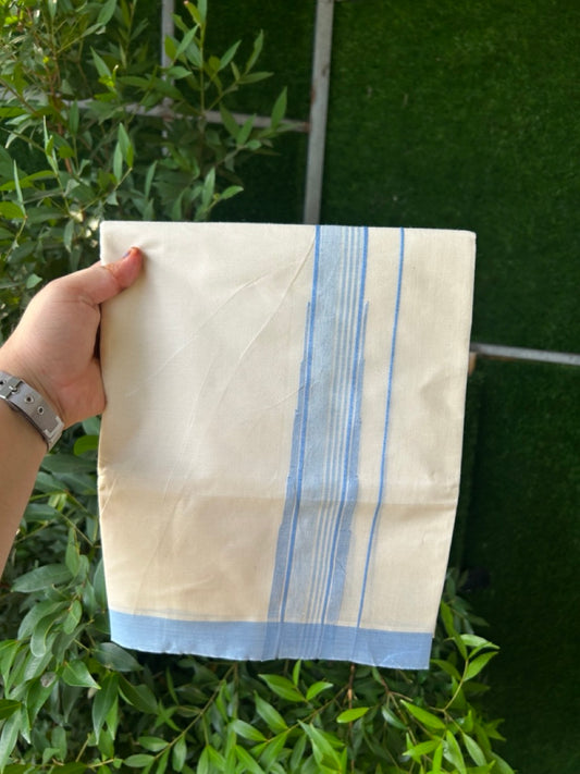 20% Discount! KaithariKada Balaramapuram 100% Cotton Double off white (Unbleached) Mundu/Dhoti - 100X80 - 1.5 inch Sky Blue Striped chutty Kara 4 mtr (8.5 Muzham) - 53 KK5283 PMC