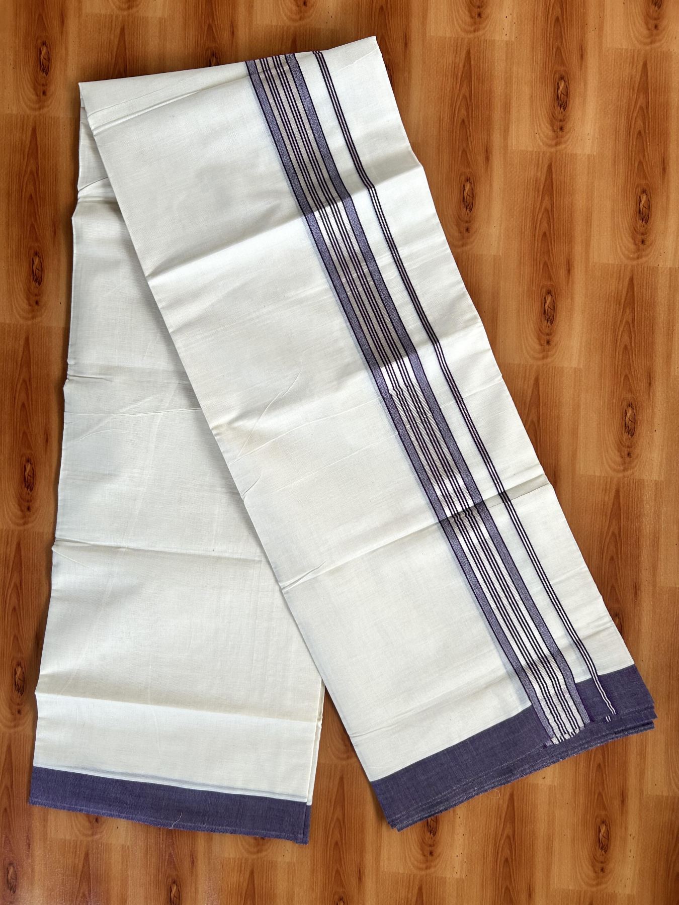 Double Off White  Mundu/Dhoti- 20% Discount! KaithariKada Balaramapuram Pure Cotton - 80s - 1.5 inch Silver Kasav & Dark Violet Striped Kara - 4mtr (8.5muzham) - 9 KK5417 VAS