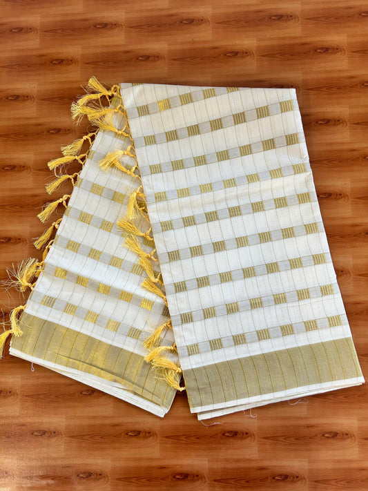 25% Discount! Kaitharikada Kerala Traditional Saree Off white- Mixed Cotton Kasav Saree - Gold Kasav Check Striped Body - 76 KK7000 PMC