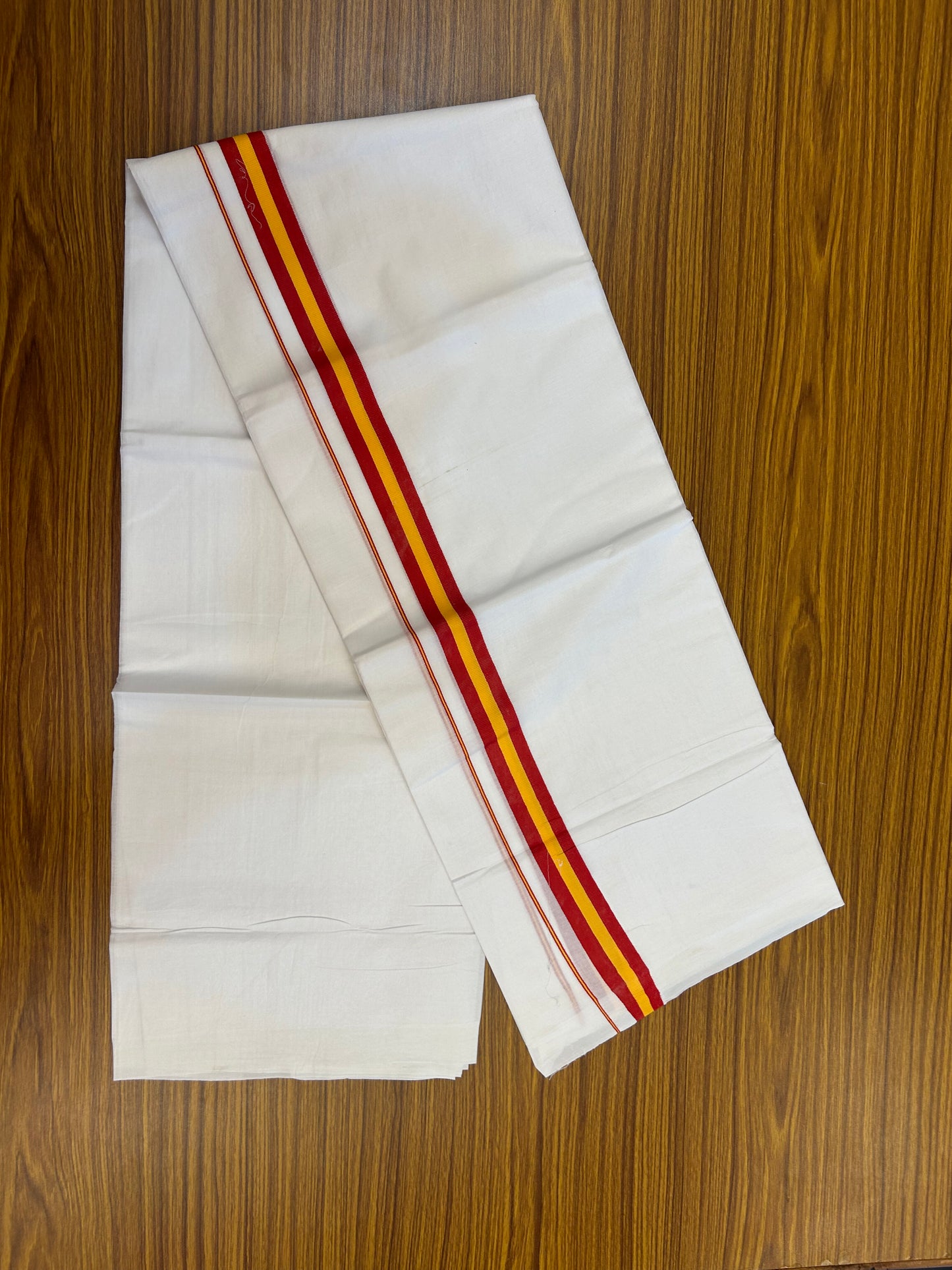 Tvk Veshti - 20% Discount ! KaithariKada 100% Cotton Pure White Double Mundu/Dhoti - 100X80 - 1.25 inch Maroon & Yellow kara 3.70 mtr (8 muzham) - 3 KK5372 PMC