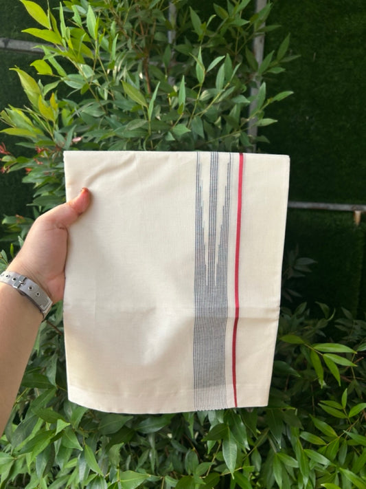 20% Discount! KaithariKada Balaramapuram 100%  Cotton Double off white (Unbleached) Mundu/Dhoti - 100X80 - 1.5 inch Red kasav & Black Striped chutty Kara 4 mtr (8.5 Muzham) - 45 KK5283 PMC